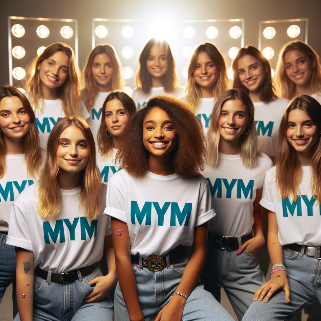 Photo D'un Groupe Diversifié De Jeunes Femmes Souriantes, Portant Des T Shirts Avec Le Logo 'mym'. Elles Sont Dans Un Studio Lumineux Avec Des Spots L