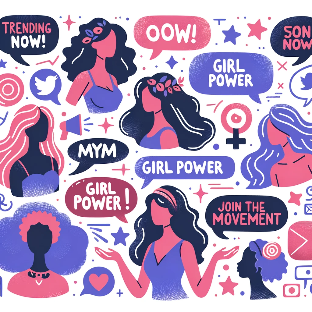 Illustration De Diverses Silhouettes Féminines Avec Des Bulles De Dialogue Contenant Des Phrases Comme 'trending Now', 'mym Girl Power', Et 'join The