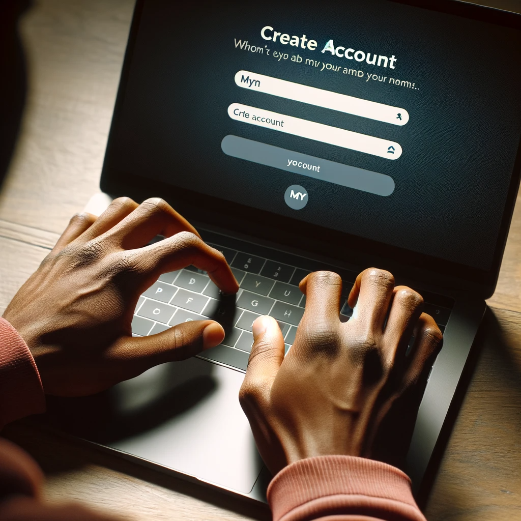 Close Up Of Hands Of A Black Individual Typing On A Laptop With An On Screen Prompt Showing A 'create Account' Button, Indicating The Step Of Account
