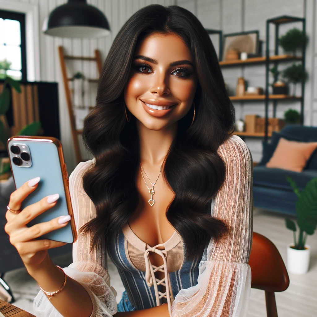 Photo Of A Confident Female Influencer Of Hispanic Descent, Posing With A Smartphone In A Stylish, Well Decorated Room, Engaging With Her Followers Th