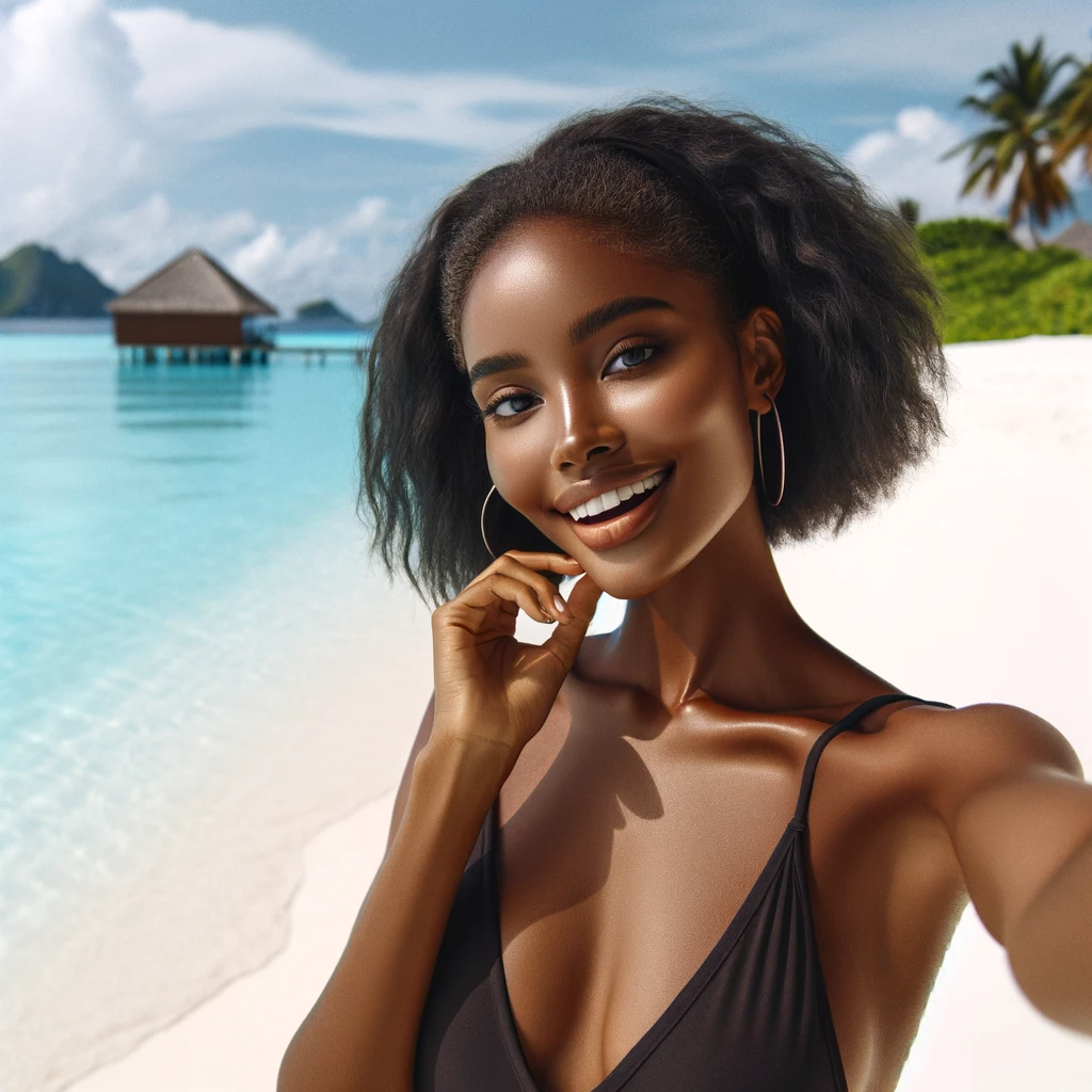 Photo Of A Female Influencer Of Black Descent, Taking A Selfie On A Tropical Beach, With Clear Blue Waters And White Sands In The Background, Showcasi