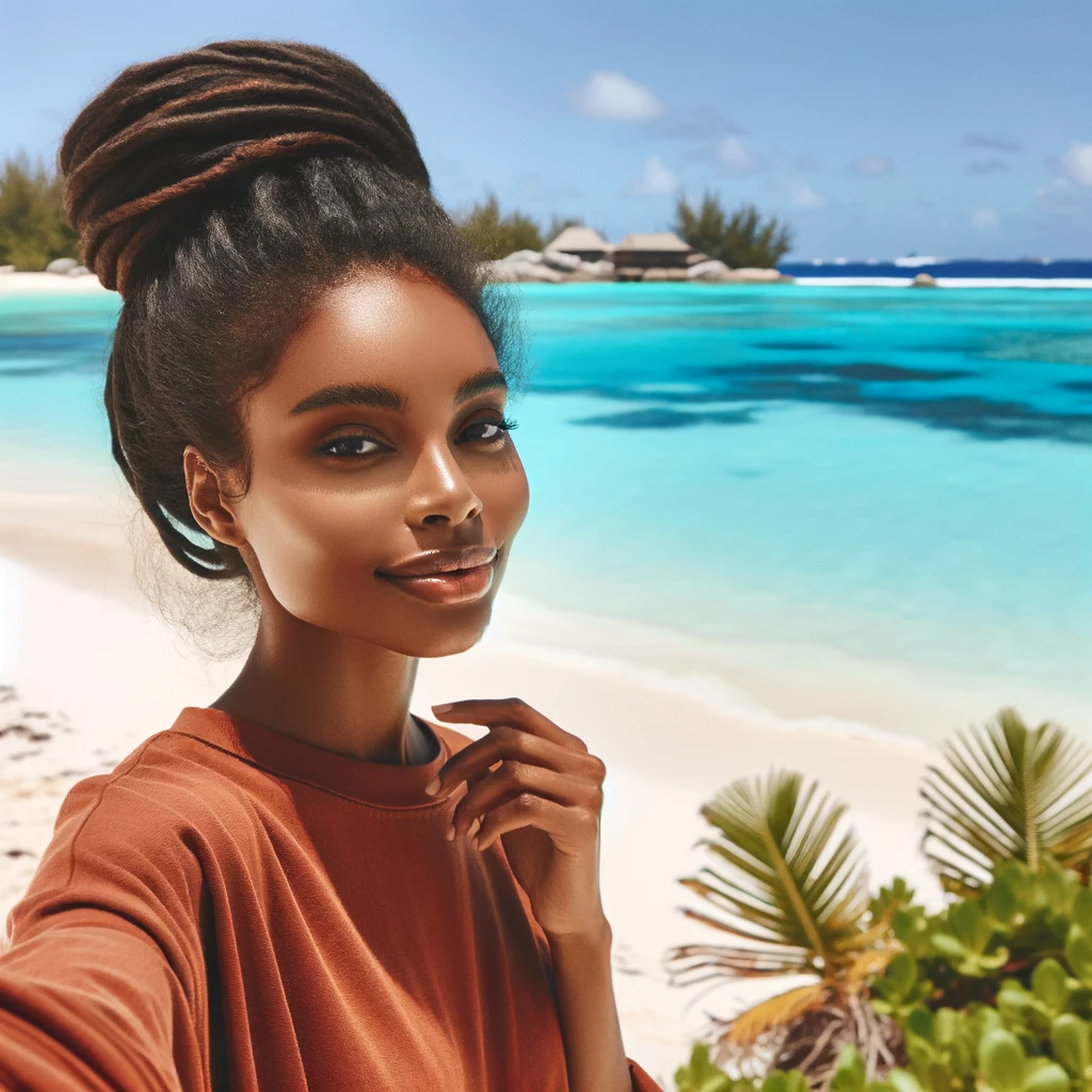 Photo Of A Female Influencer Of Black Descent, Taking A Selfie On A Tropical Beach, With Clear Blue Waters And White Sands In The Background, Showcasi